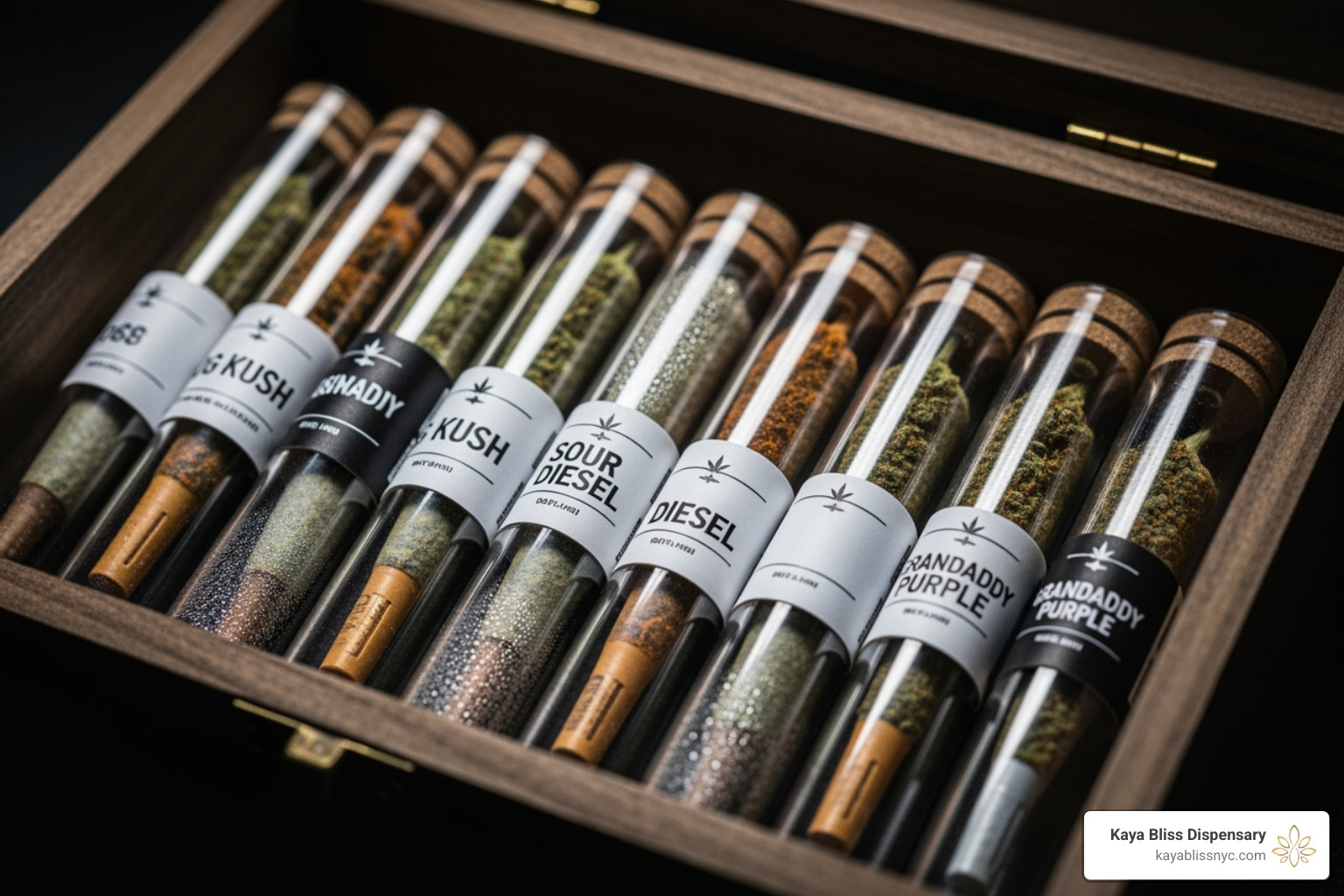 various pre-rolls stored correctly in airtight, labeled glass tubes in a cool, dark box - pre rolls sunset park