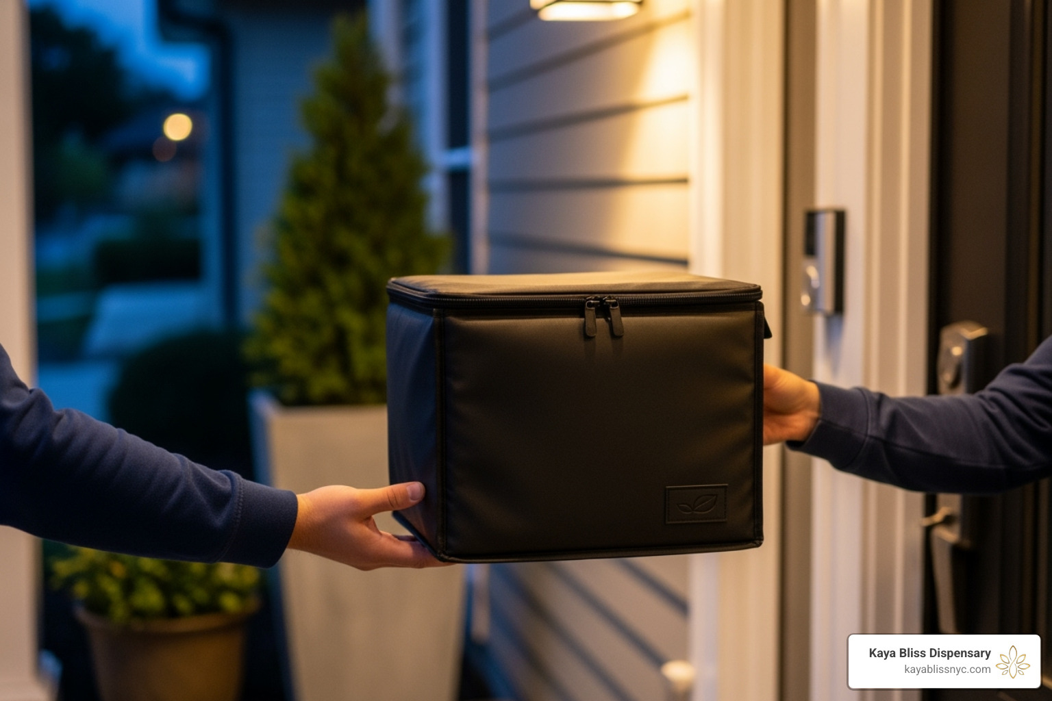 a discreet and professional cannabis delivery service bag being handed to a customer at their door - pre rolls sunset park