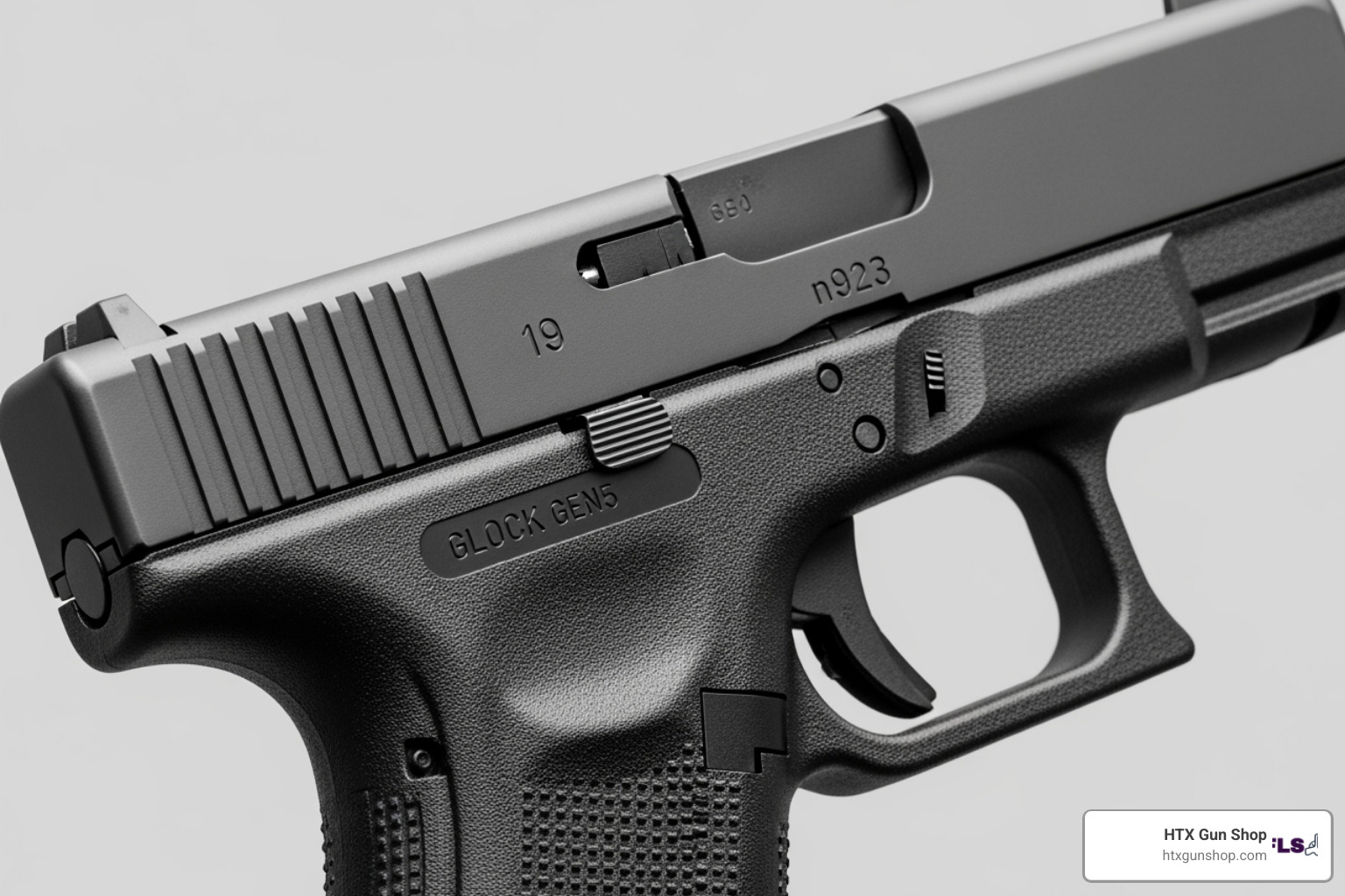 Glock 19 Gen5 highlighting its key features like the nDLC finish and front serrations - Glock 19 Gen5 For Sale