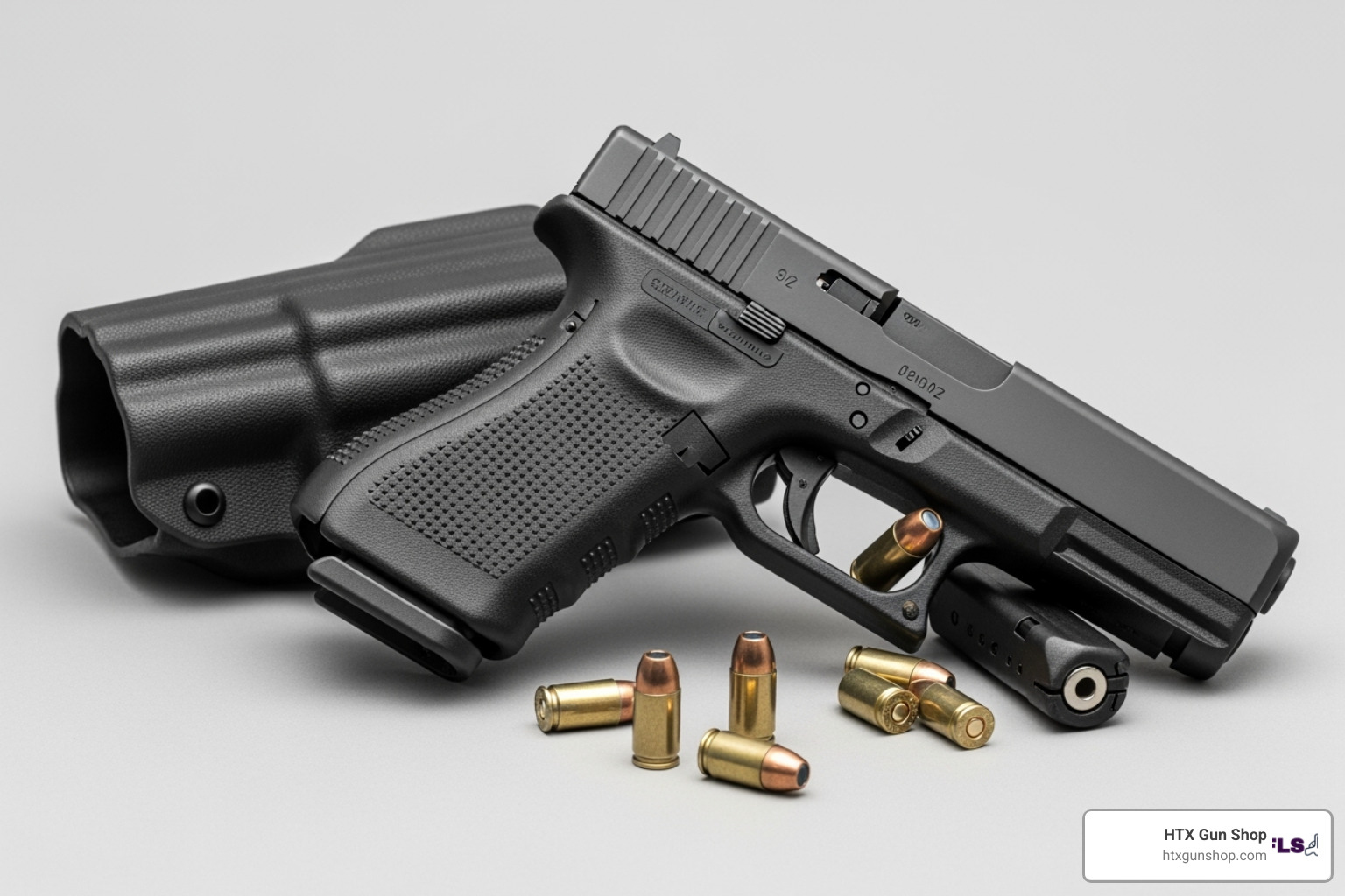 Glock 19 Gen5 with various accessories like a holster and ammo - Glock 19 Gen5 For Sale