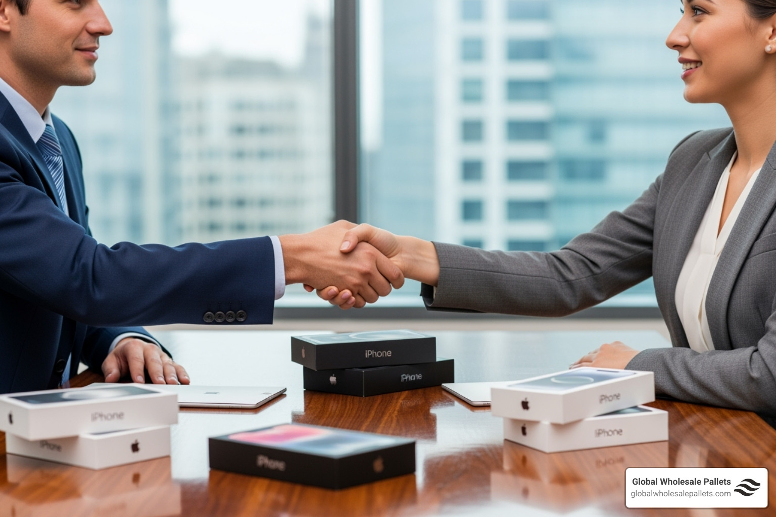 Business handshake over iPhone boxes - iPhone 16 Pro Max Wholesale