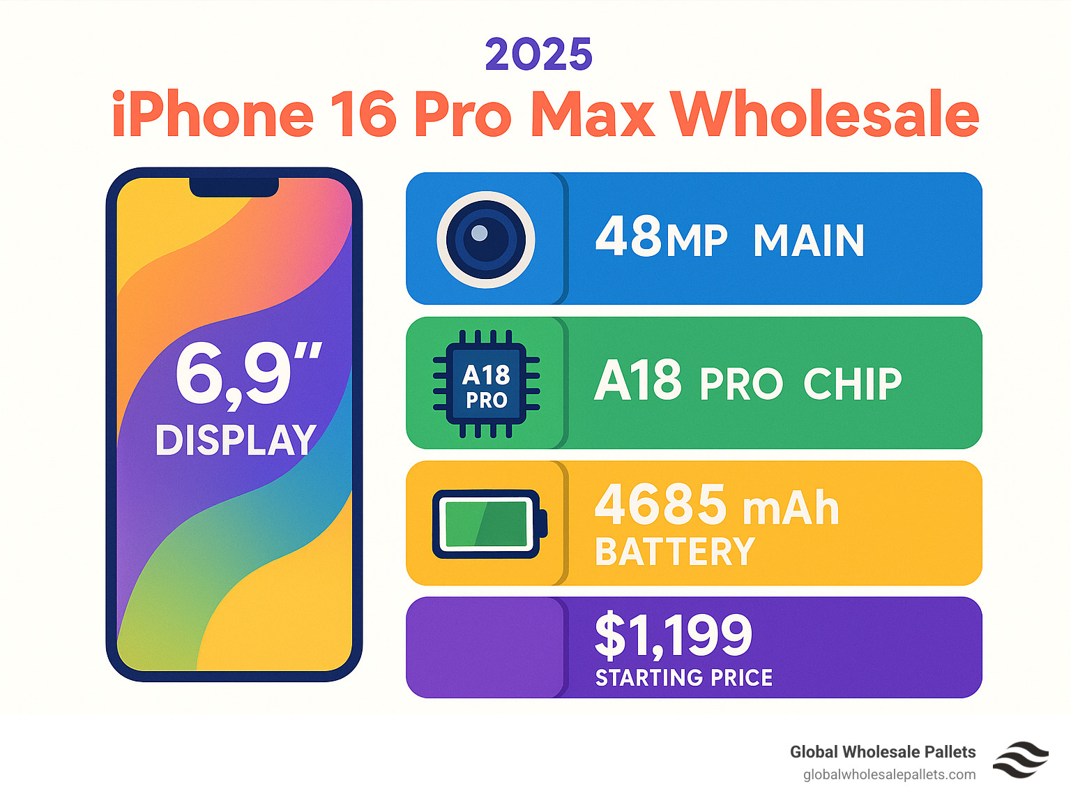 Infographic detailing iPhone 16 Pro Max specifications: 6.9-inch display, 48MP main camera, A18 Pro chip, 4685 mAh battery, and starting price of $1,199 - iPhone 16 Pro Max Wholesale infographic 