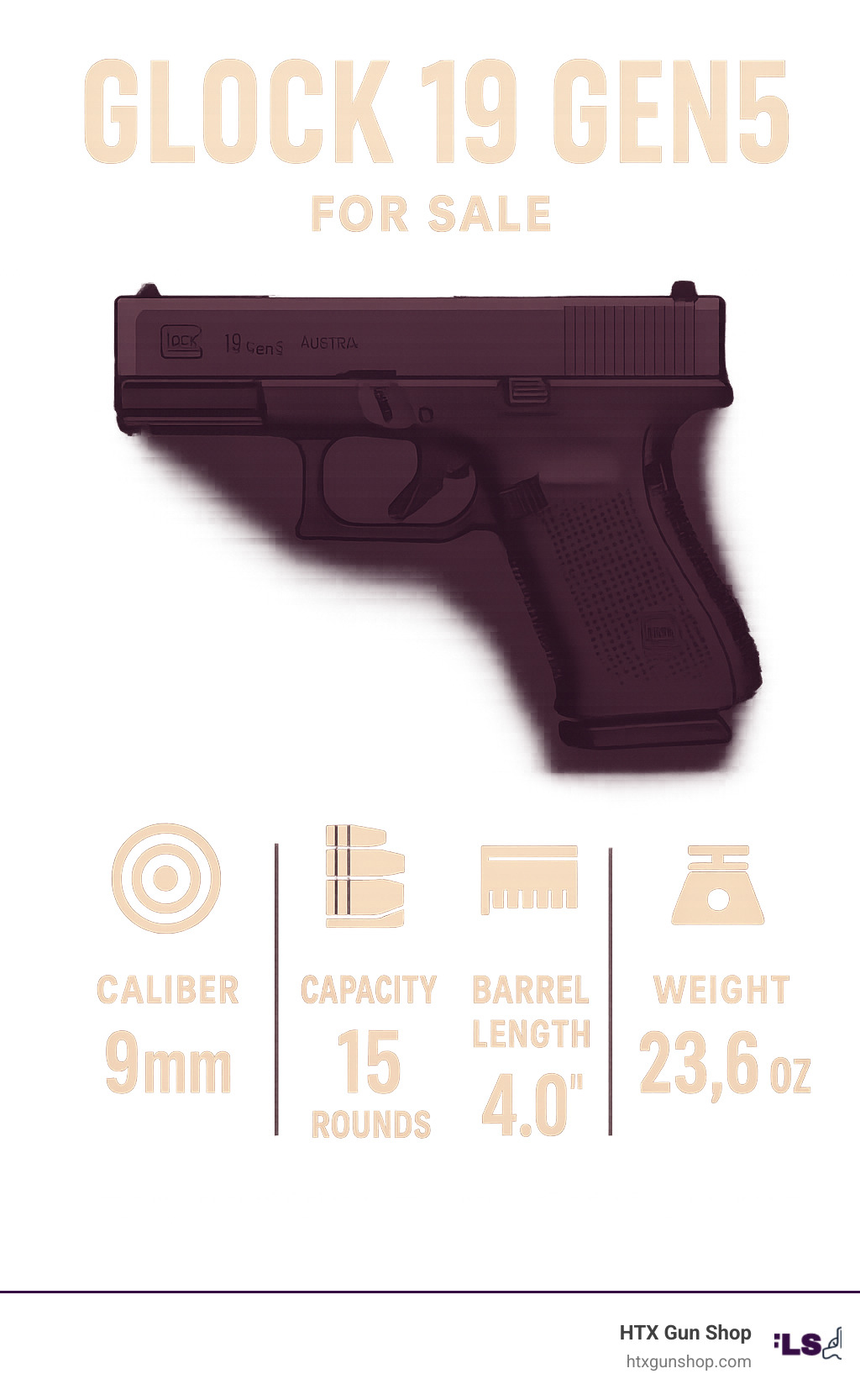 Infographic explaining the key specifications of the Glock 19 Gen5 including caliber, capacity, barrel length, and weight. - Glock 19 Gen5 For Sale infographic 