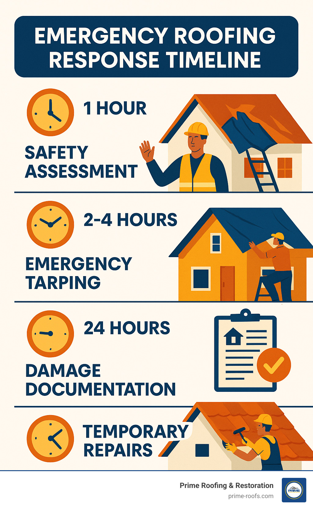 Infographic showing emergency roofing response timeline: immediate safety assessment within 1 hour, emergency tarping within 2-4 hours, damage documentation for insurance within 24 hours, and temporary repairs to prevent further damage - emergency roofing orange beach al infographic 