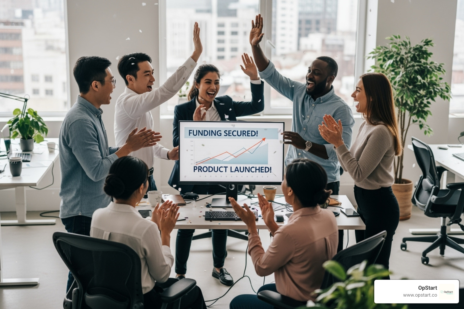 startup team celebrating a funding announcement or product launch - Fractional CFO