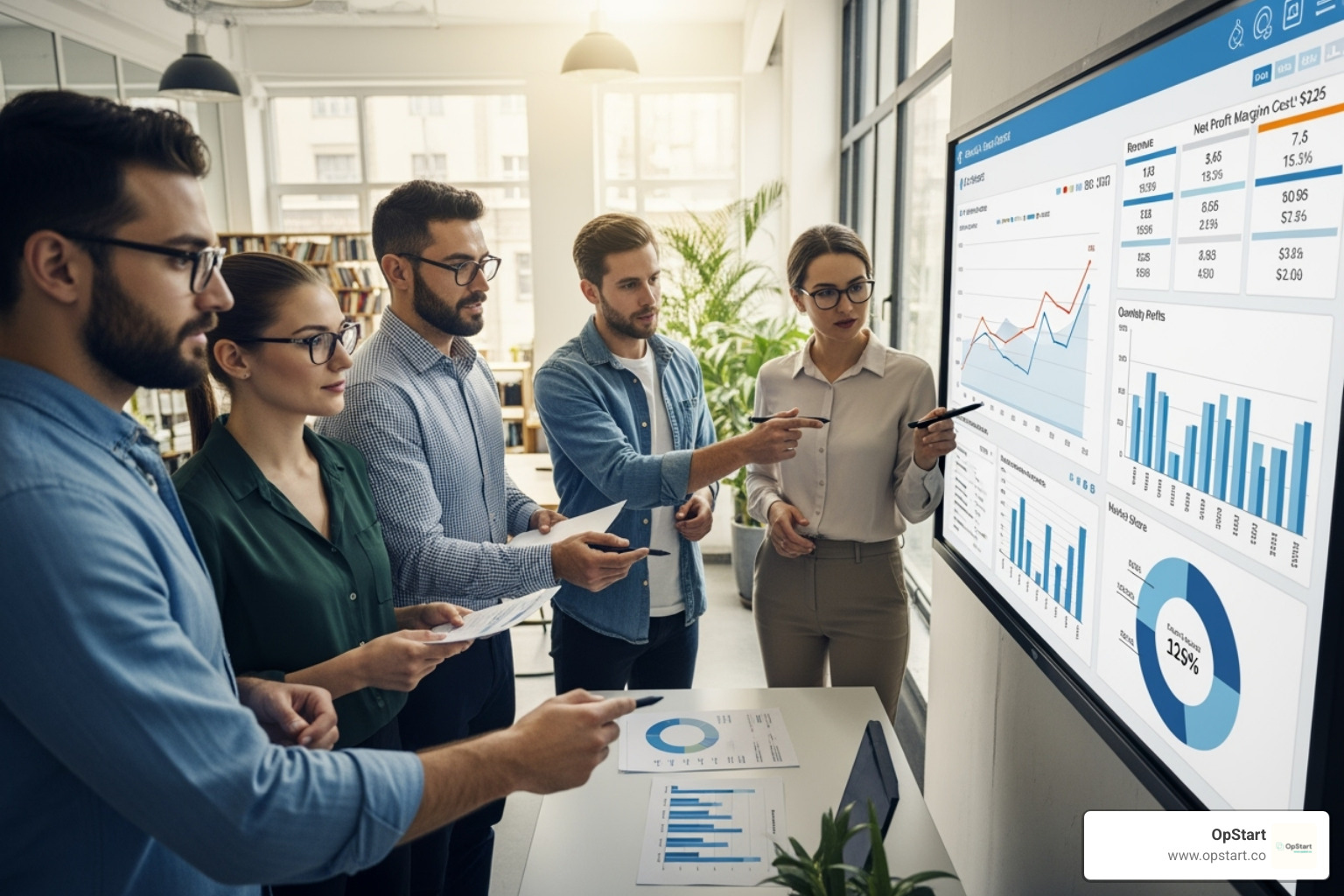 a diverse team collaborating around a digital whiteboard displaying financial projections and KPIs. - fractional cfo services