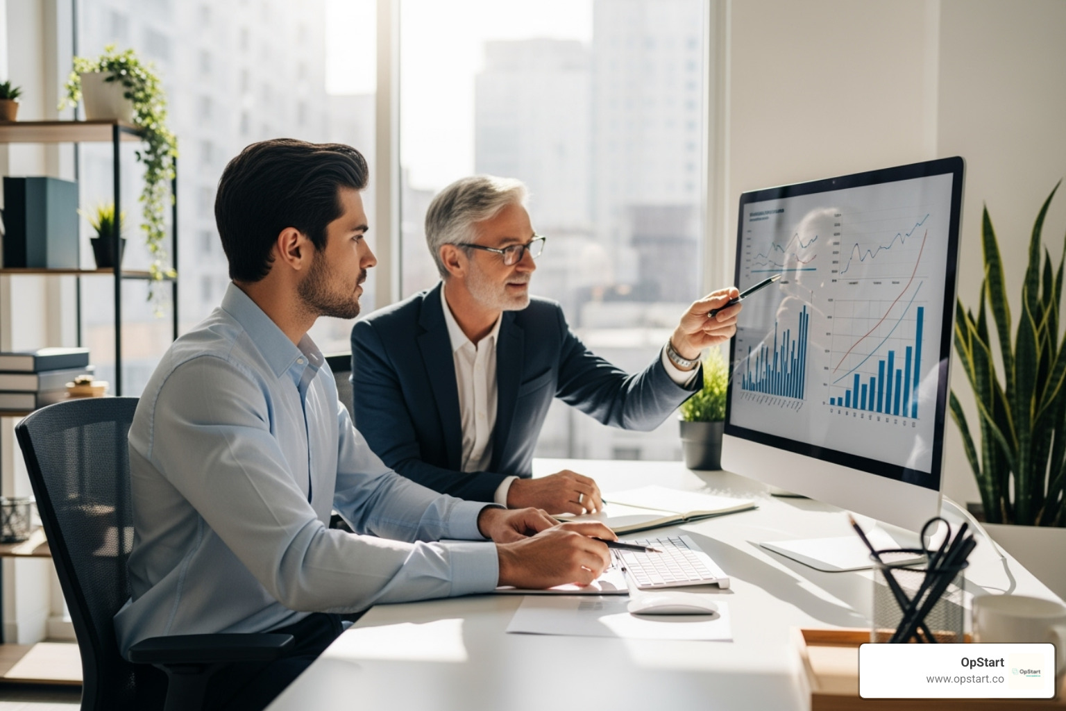 a startup founder looking confident while reviewing financial growth charts with an expert advisor. - fractional cfo services