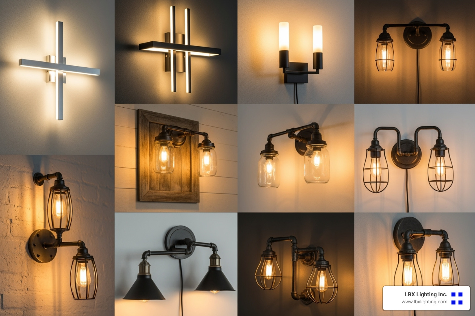collage showcasing different wall lamp styles like Modern, Farmhouse, and Industrial. - dining room wall lamp