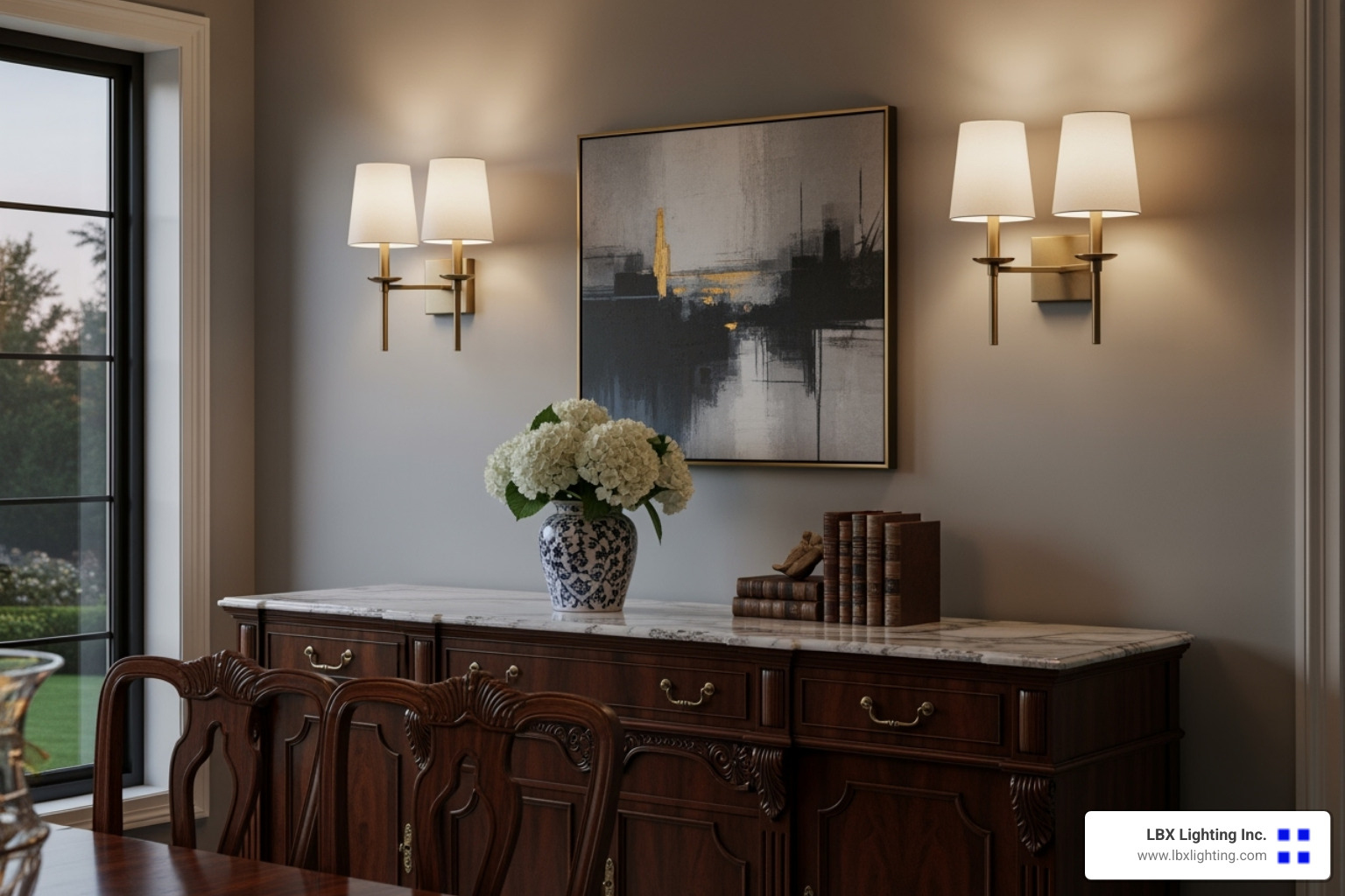 ideal placement of two wall sconces flanking a buffet cabinet in a dining room. - dining room wall lamp