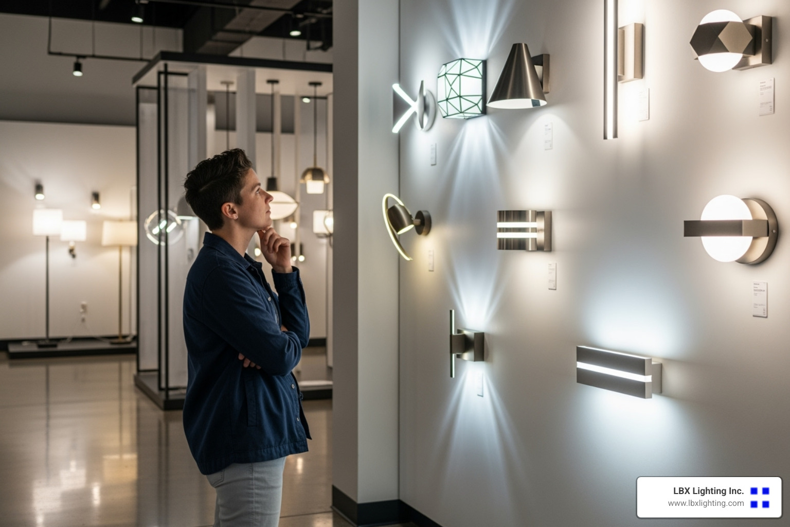 person thoughtfully looking at wall lamp options in a showroom or online. - dining room wall lamp