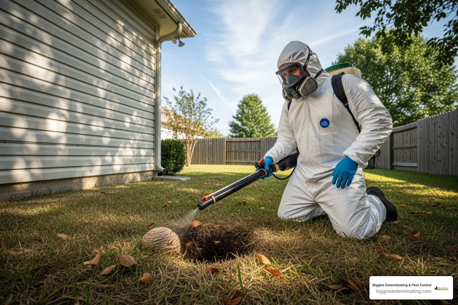 professional exterminator treating a ground wasp nest - how to exterminate ground wasps