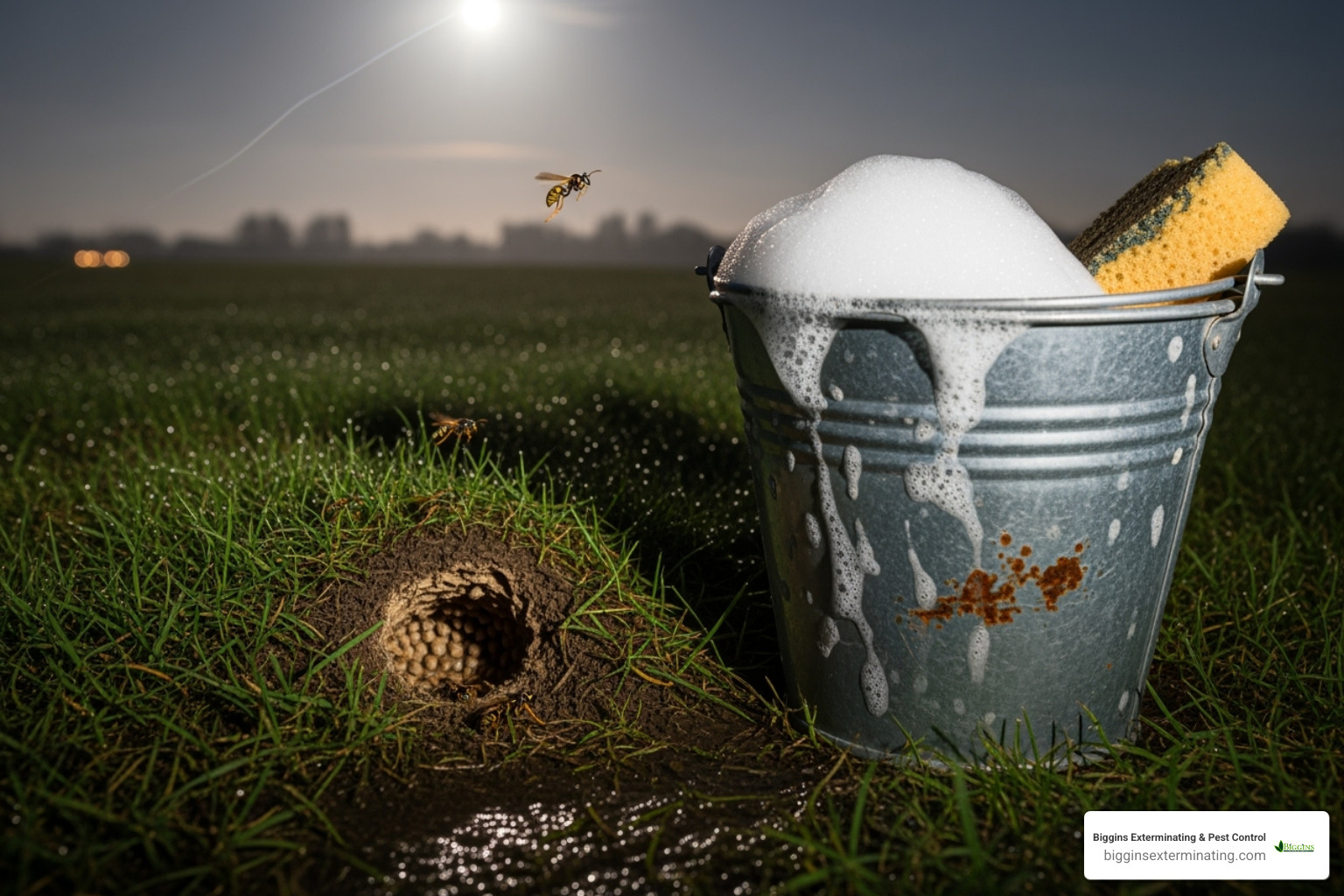 bucket of soapy water next to a nest entrance - how to exterminate ground wasps