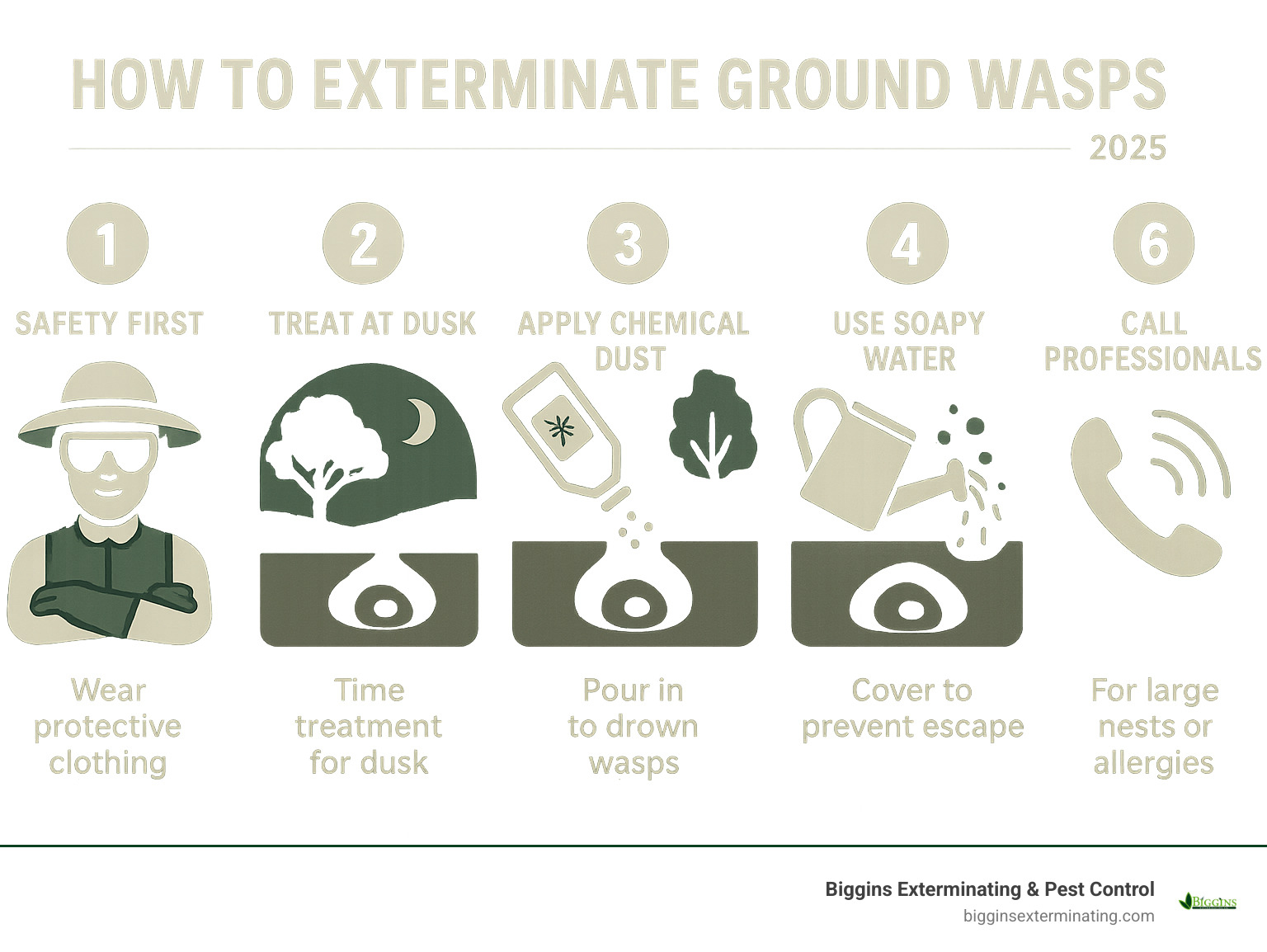 Infographic showing step-by-step ground wasp extermination process including safety gear requirements, treatment timing at dusk, chemical dust application methods, natural soapy water drowning technique, nest sealing procedures, and when to contact professional exterminators - how to exterminate ground wasps infographic 