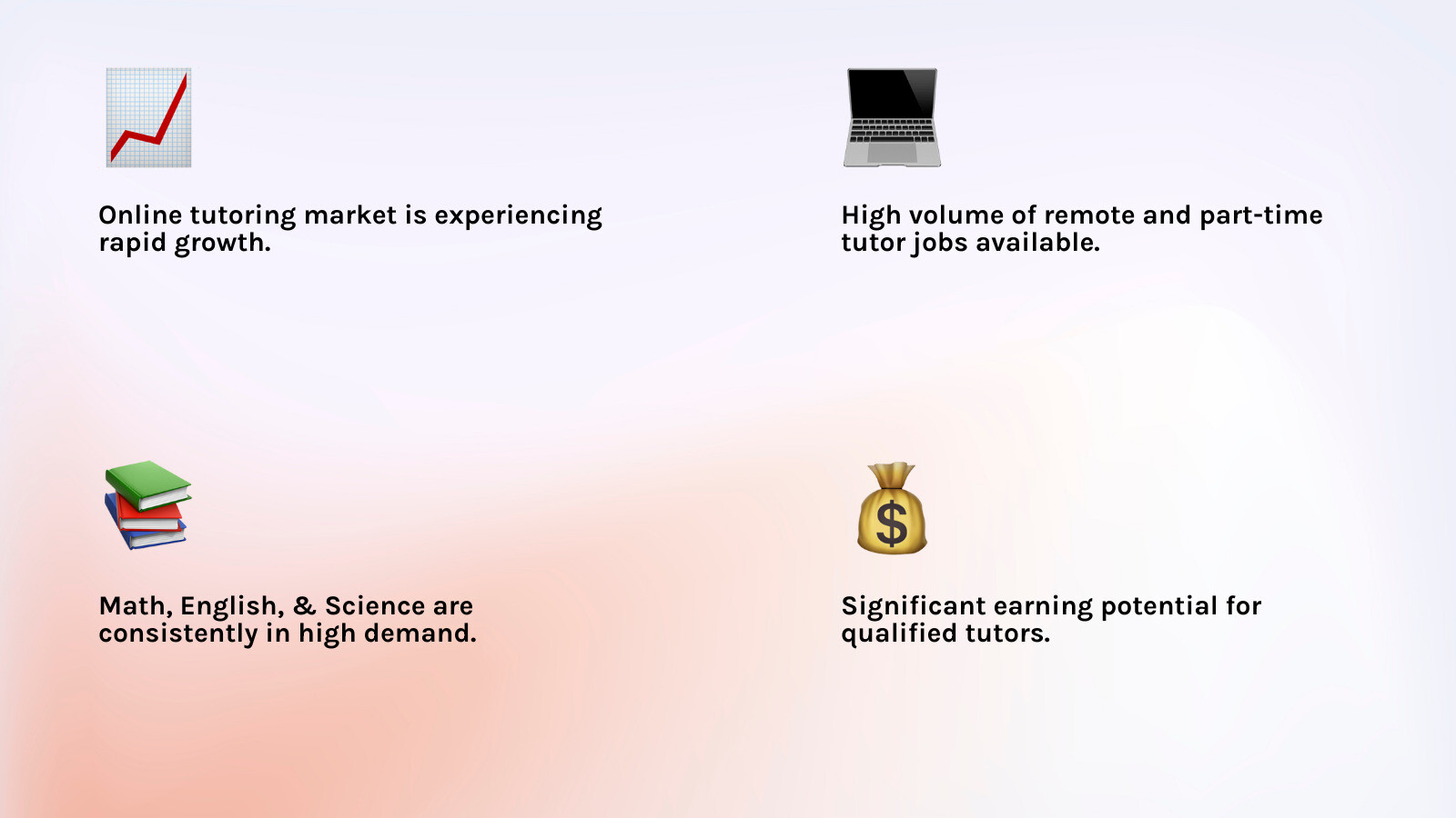 Detailed infographic illustrating the booming online tutoring market, showing the high volume of remote and part-time online tutor jobs, key in-demand subjects like math, English, and specialized fields, and the potential for significant earnings through various platforms. - online tutor recruitment infographic 4_facts_emoji_light-gradient