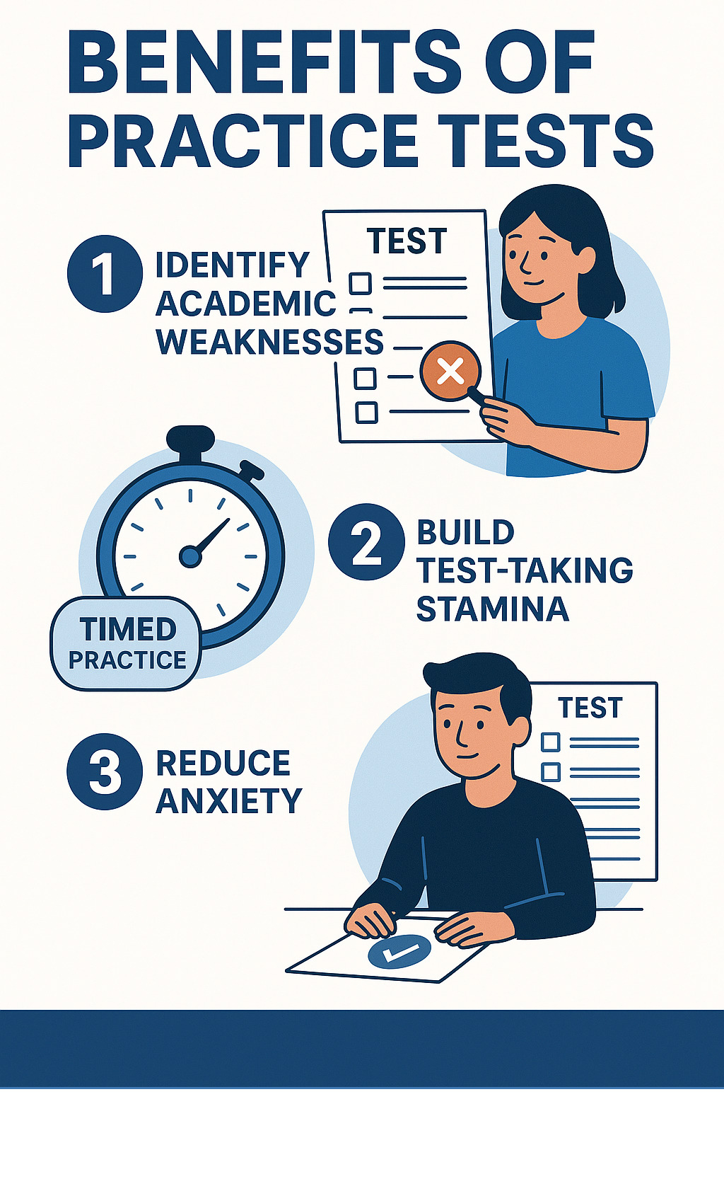 Infographic showing three key benefits of practice tests: identifying academic weaknesses through diagnostic assessment, building test-taking stamina with timed practice sessions, and reducing anxiety by familiarizing students with exam format and question types - senior high entrance exam practice test infographic 
