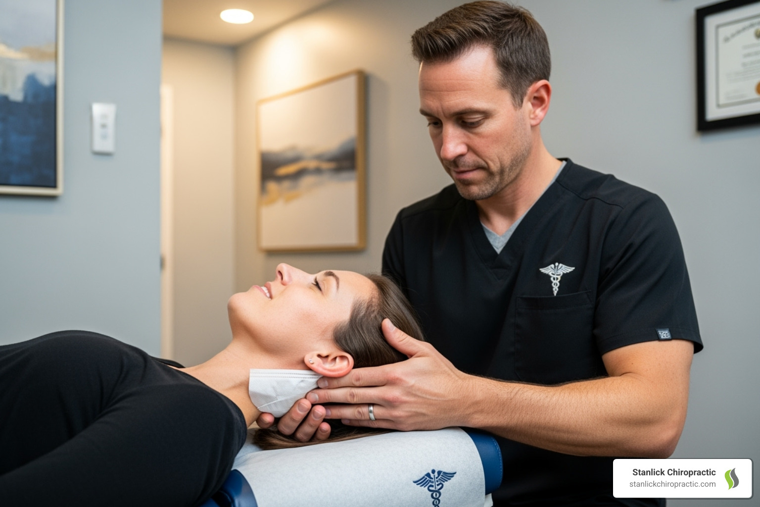 Chiropractor performing a gentle cervical spine adjustment - Chiropractic Treatment for Headaches Chiropractor performing a gentle cervical spine adjustment - Chiropractic Treatment for Headaches