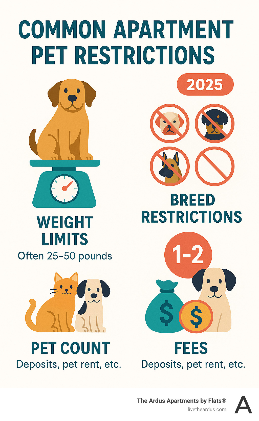 Infographic showing common apartment pet restrictions including weight limits, breed restrictions, number of pets allowed, and typical fees. Infographic showing common apartment pet restrictions including weight limits, breed restrictions, number of pets allowed, and typical fees.