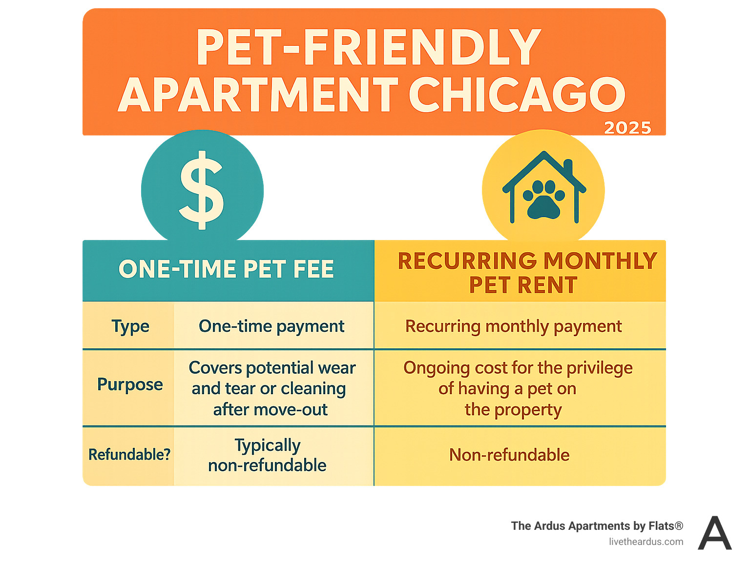 A table comparing the concepts of a one-time pet fee vs. recurring monthly pet rent - pet friendly apartment chicago infographic