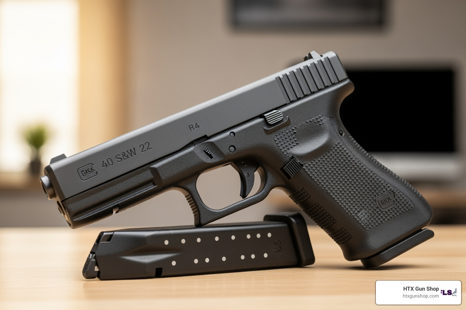 Glock 22 Gen4 highlighting its textured grip and interchangeable backstraps - Buy Glock 22 Gen4 Online