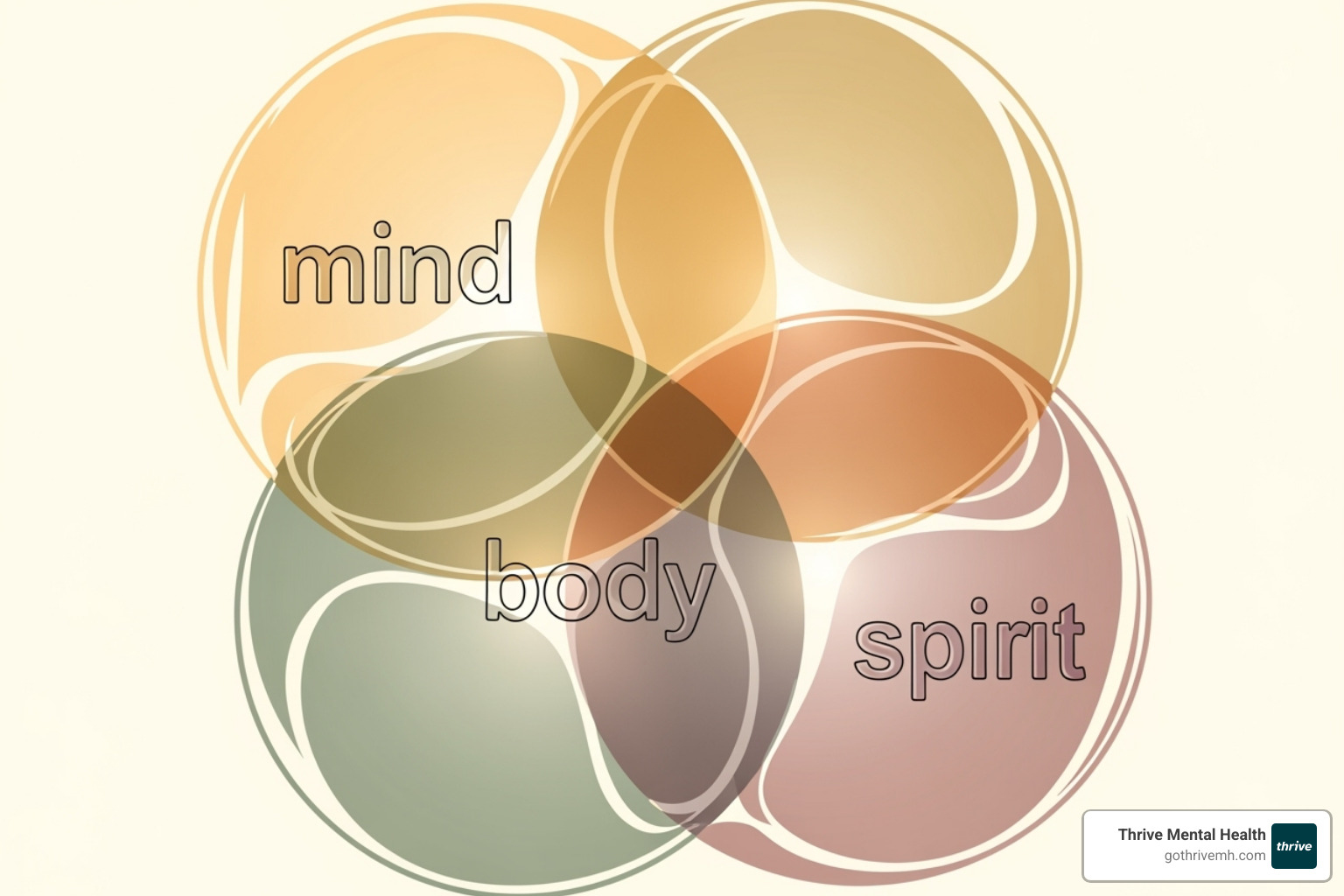 Illustration of interconnected circles representing mind, body, and spirit, with gentle, flowing lines, in a soft, warm color palette, conveying balance and holistic well-being. - benefits of somatic therapy