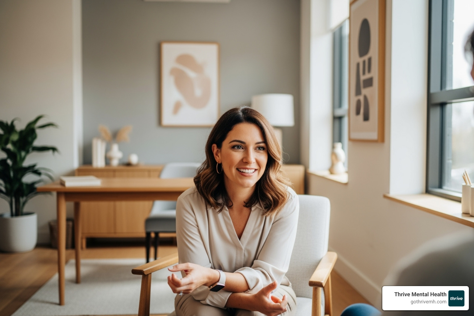 A warm, inviting image of a professional, empathetic therapist sitting in a light-filled office, engaged in a supportive conversation with an unseen client, conveying trust and connection. - benefits of somatic therapy