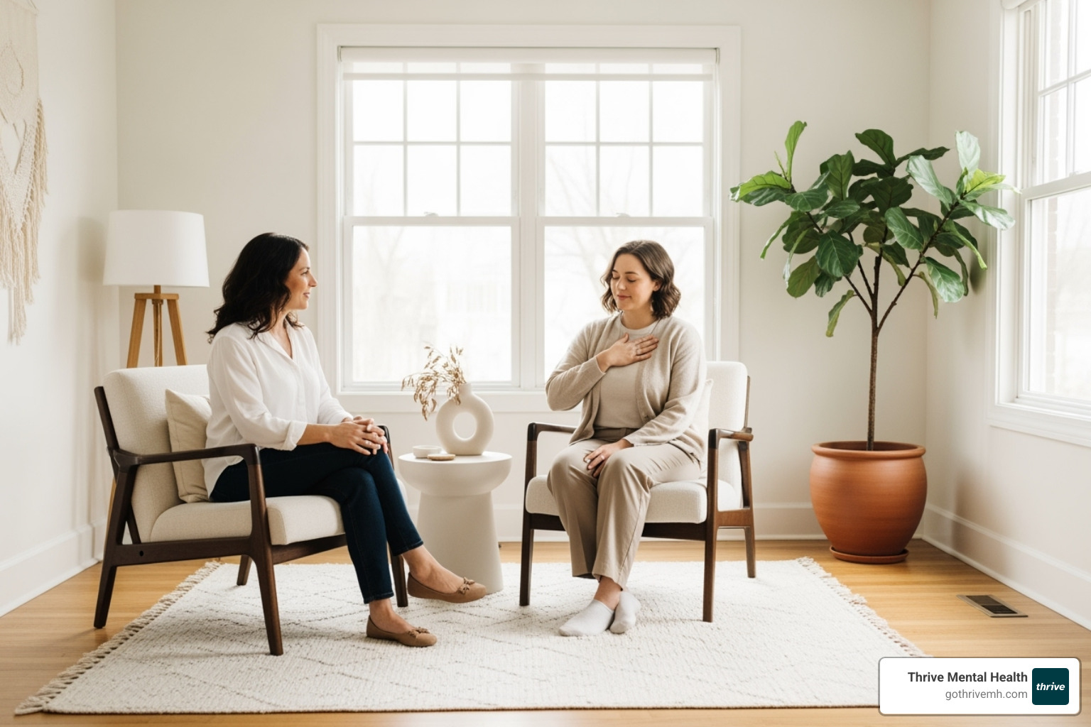 A person sitting comfortably in a well-lit, minimalist therapy room, gently placing a hand on their chest while a therapist sits nearby, offering a calm, supportive presence. - benefits of somatic therapy