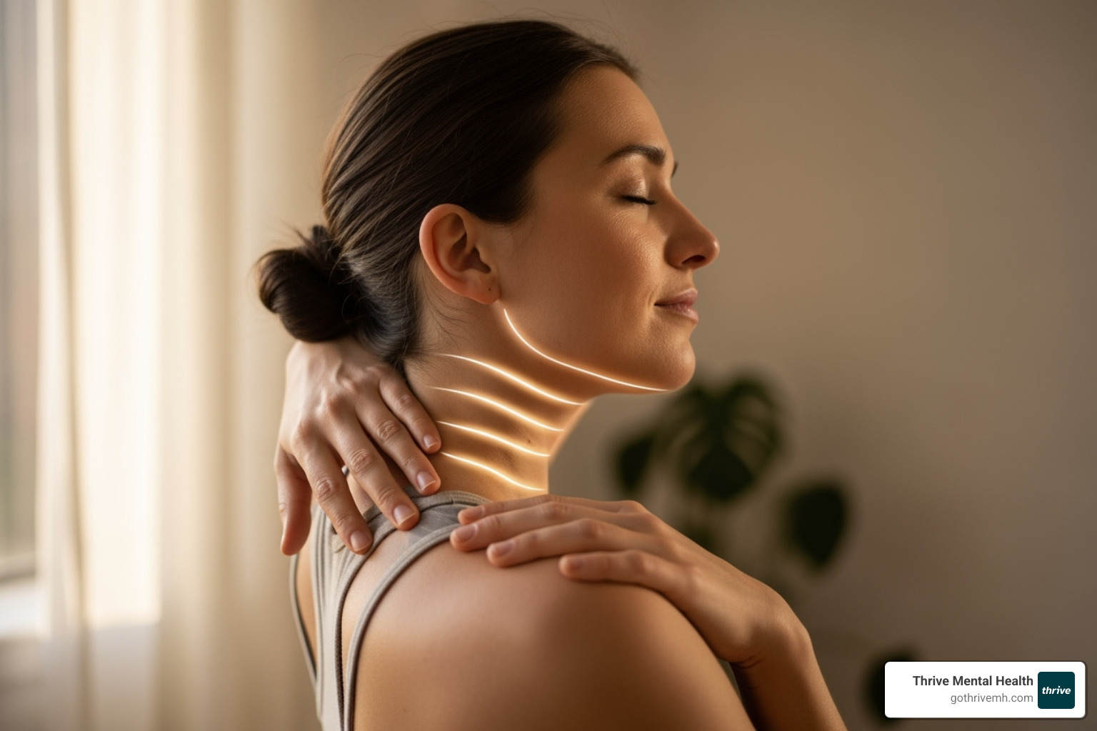 A serene image of a person gently stretching their neck and shoulders, with subtle lines highlighting areas of tension like the jaw and upper back, in a soft, natural light setting. - benefits of somatic therapy