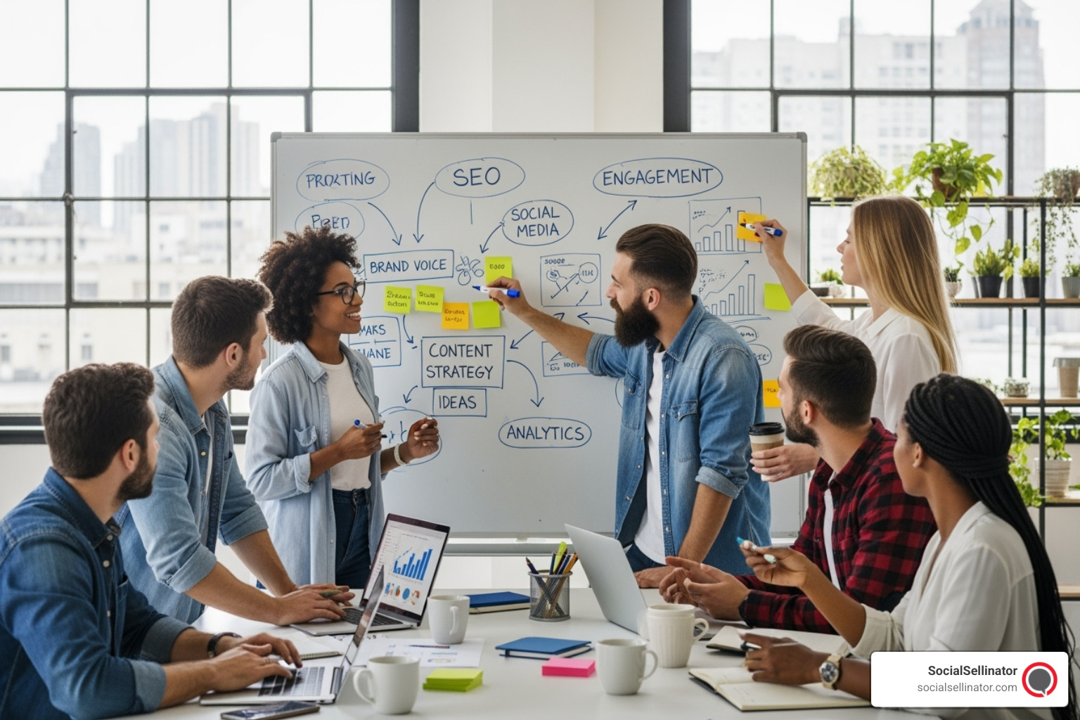 Team collaborating on content strategy whiteboard - seo content creation agency