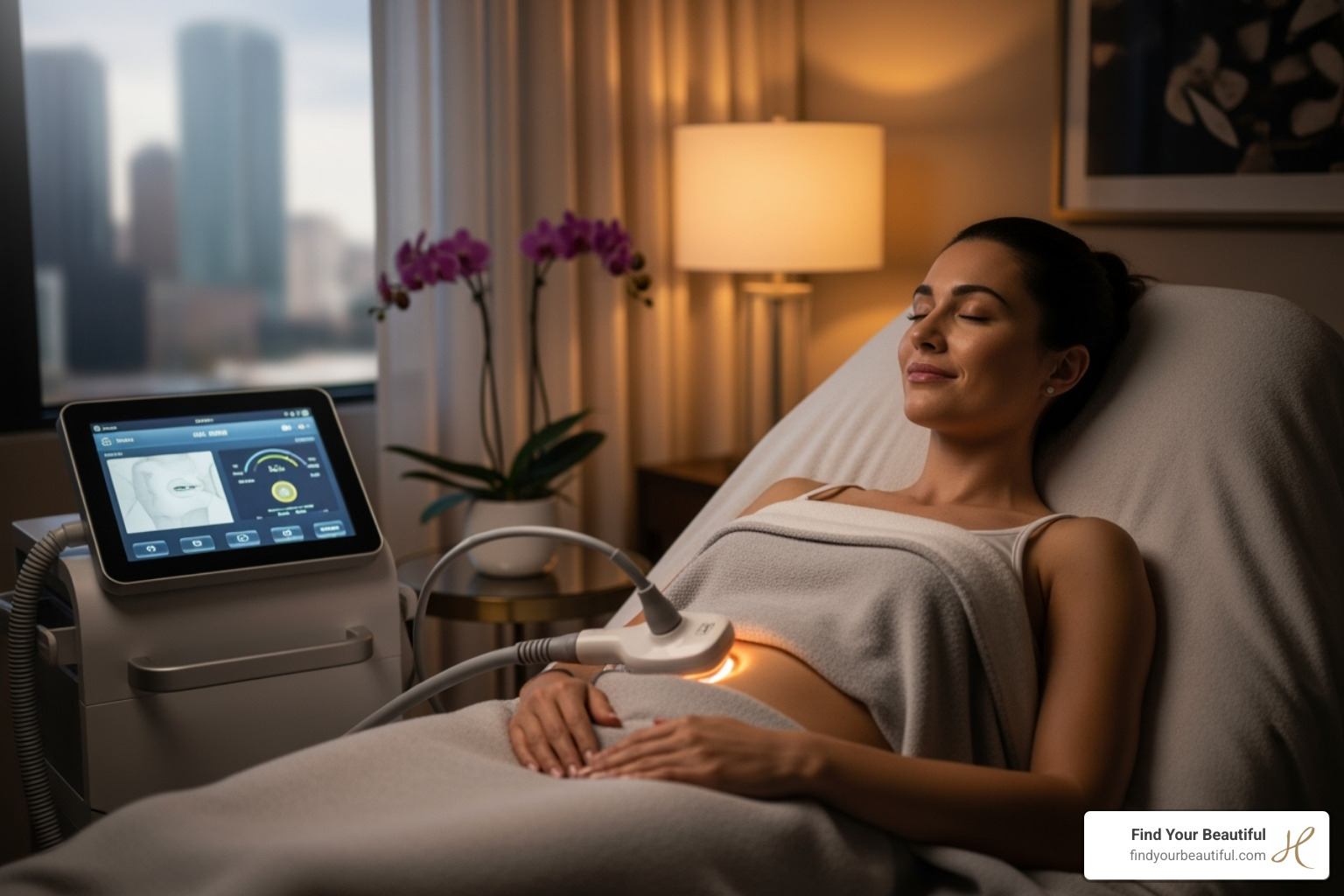 Patient relaxing during a minimally invasive body contouring session - laser lipo san antonio