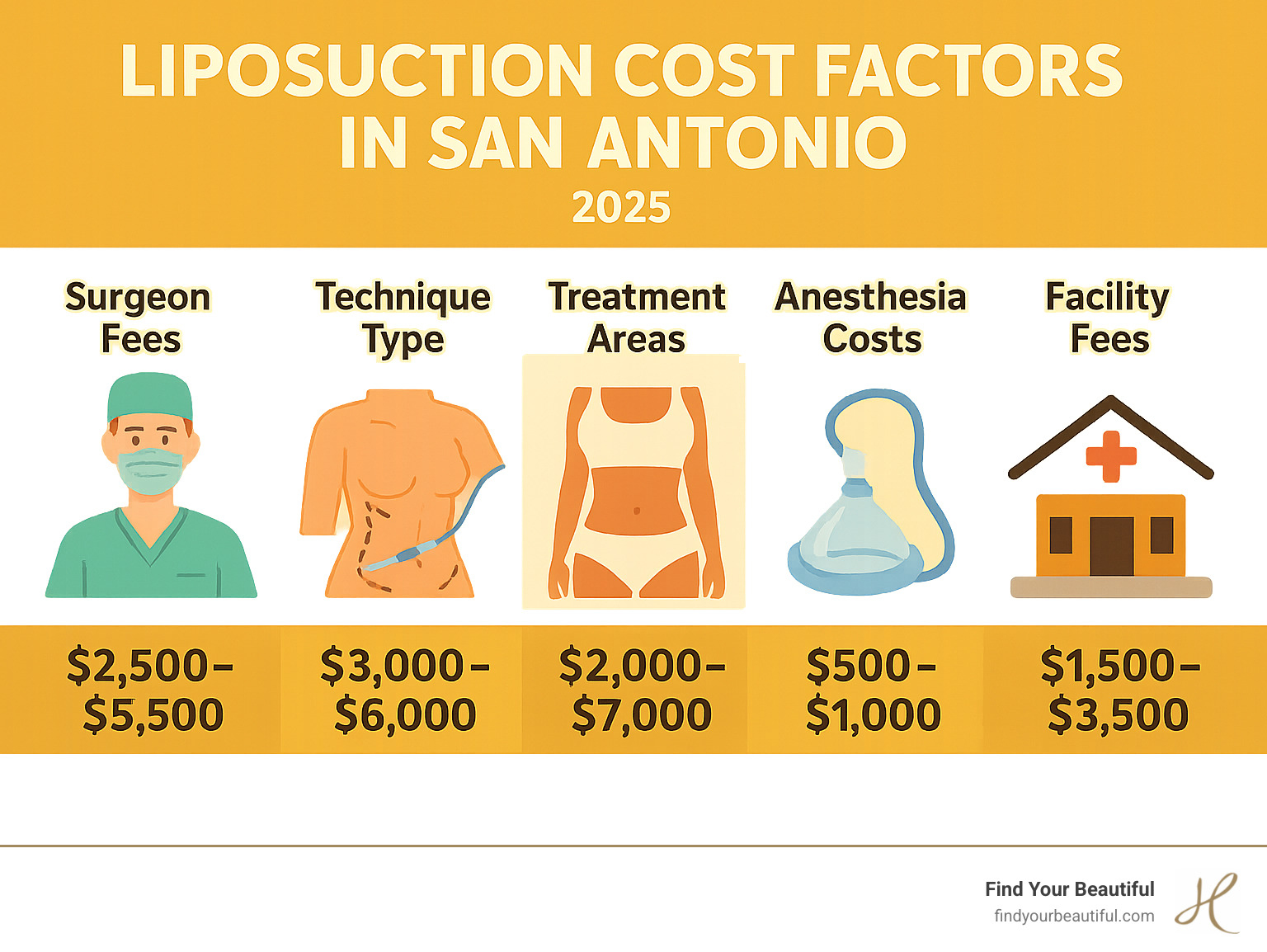 Infographic showing liposuction cost factors in San Antonio including surgeon fees, technique type, treatment areas, anesthesia costs, and facility fees with corresponding price ranges - how much does liposuction cost in san antonio texas infographic 
