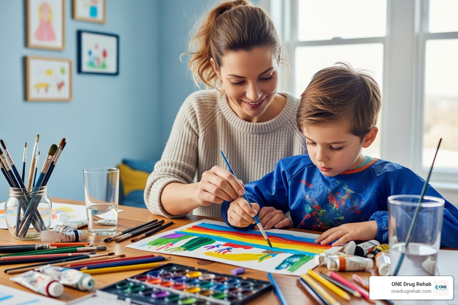 Mother and child doing art therapy - inpatient rehab for mothers