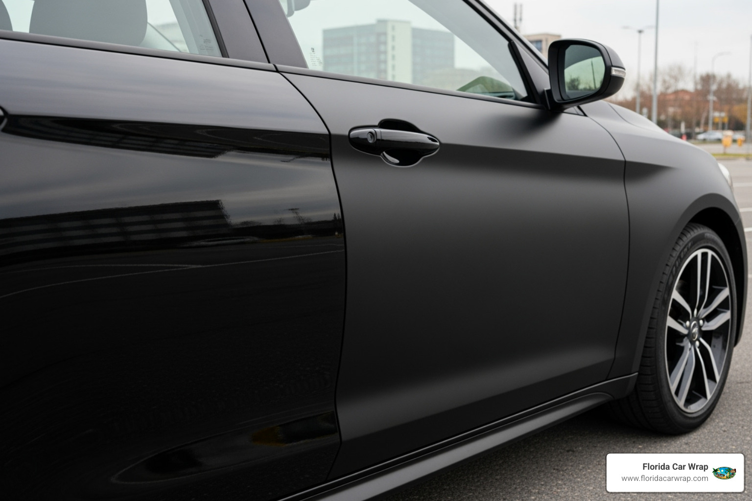 car half-wrapped in gloss black and half in matte black to show the contrast - Vehicle wrap color options