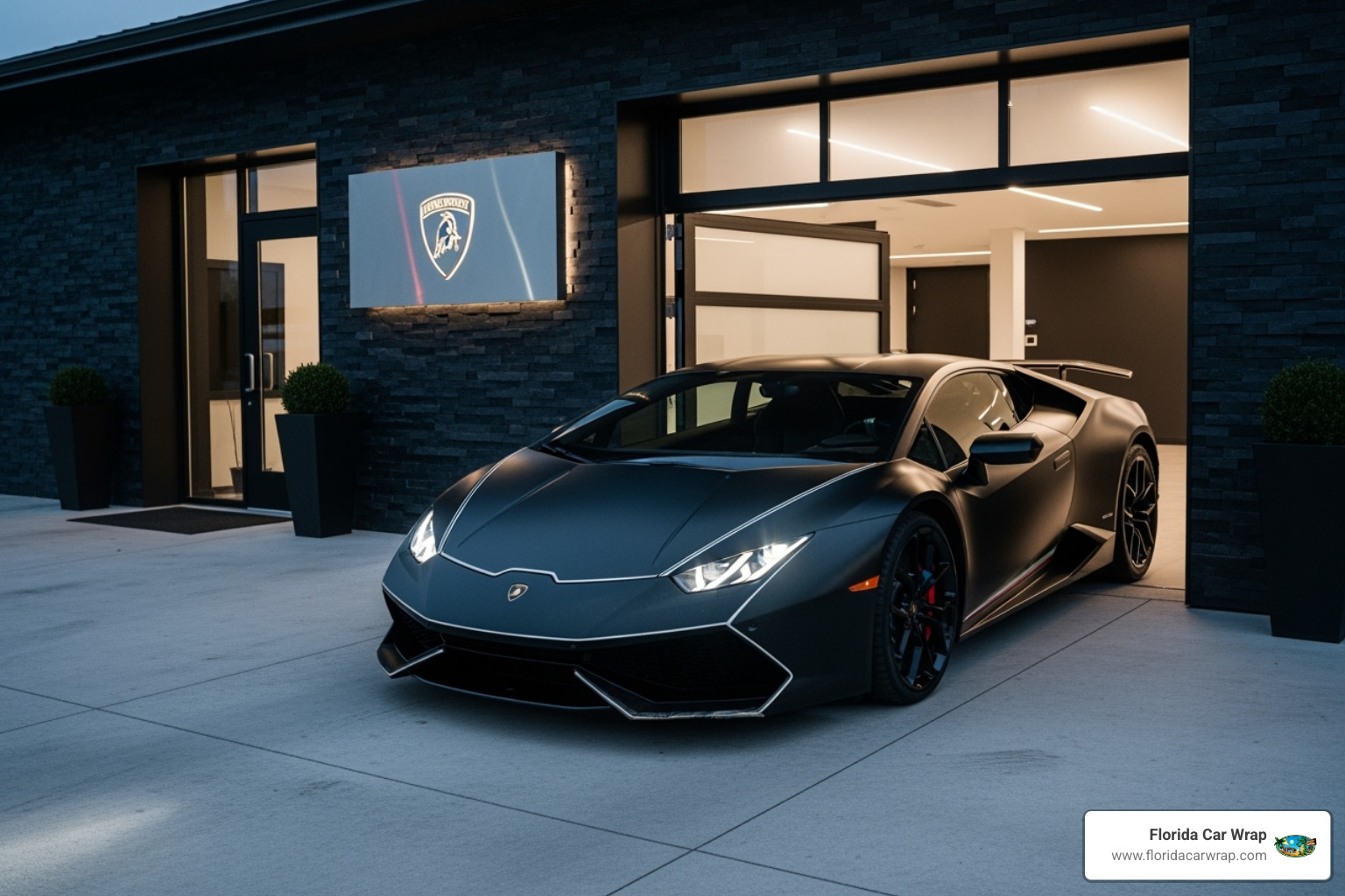 professionally wrapped luxury car leaving a high-end shop - Vehicle wrap color options