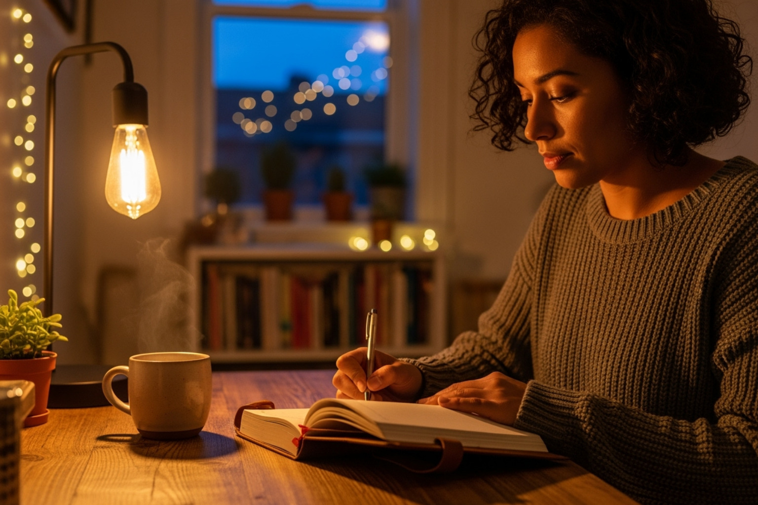 A person journaling in a cozy, well-lit space. - Self-Care