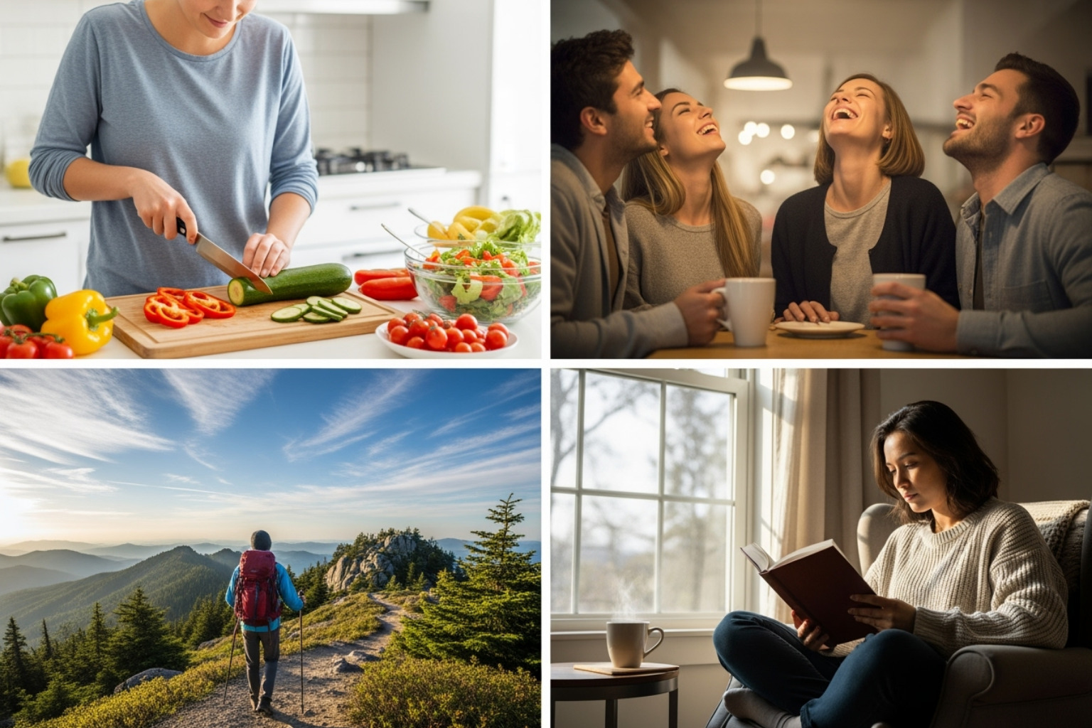 A collage of different self-care activities: someone cooking a healthy meal, friends laughing, a person hiking, someone reading a book. - Self-Care