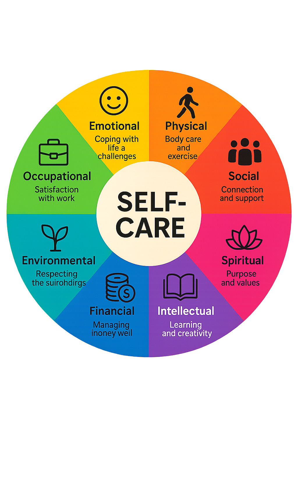 A circular diagram illustrating the eight interconnected dimensions of wellness: Emotional, Physical, Social, Spiritual, Intellectual, Financial, Environmental, and Occupational, with each segment showing icons and brief descriptions. - Self-Care infographic 