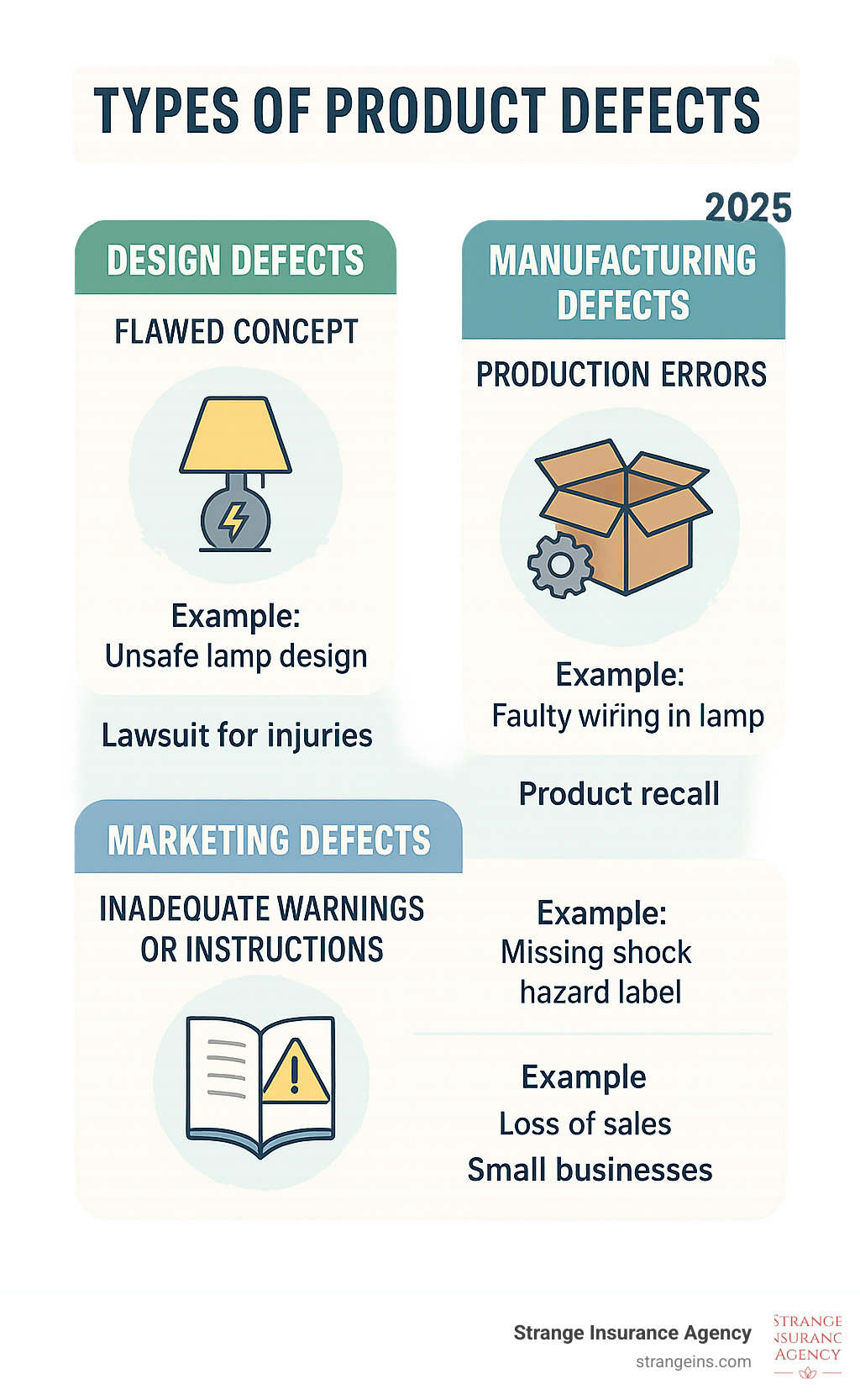 Infographic showing three types of product defects: design defects (flawed concept), manufacturing defects (production errors), and marketing defects (inadequate warnings or instructions), with examples of each type and their potential consequences for small businesses - best product liability insurance for small business infographic 