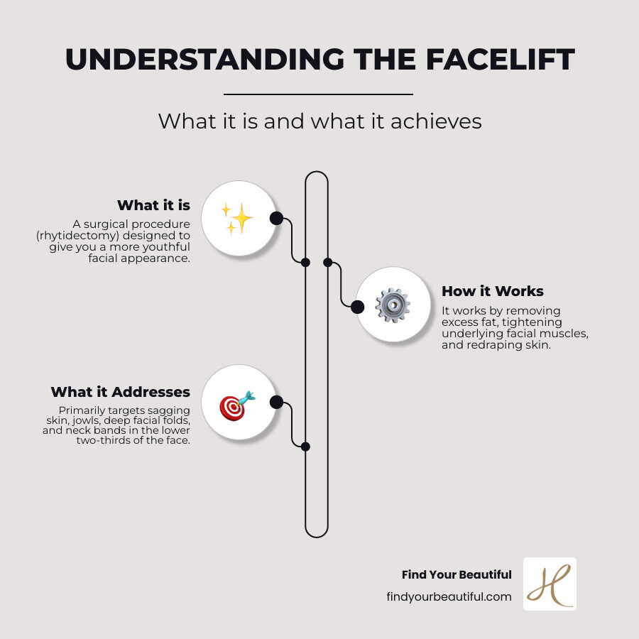 Infographic detailing what a facelift (rhytidectomy) is, its primary goals of restoring a youthful appearance by addressing sagging skin, jowls, and deep folds, and how it achieves this through tightening underlying muscles and redraping facial skin. - facelift infographic infographic-line-3-steps-neat_beige