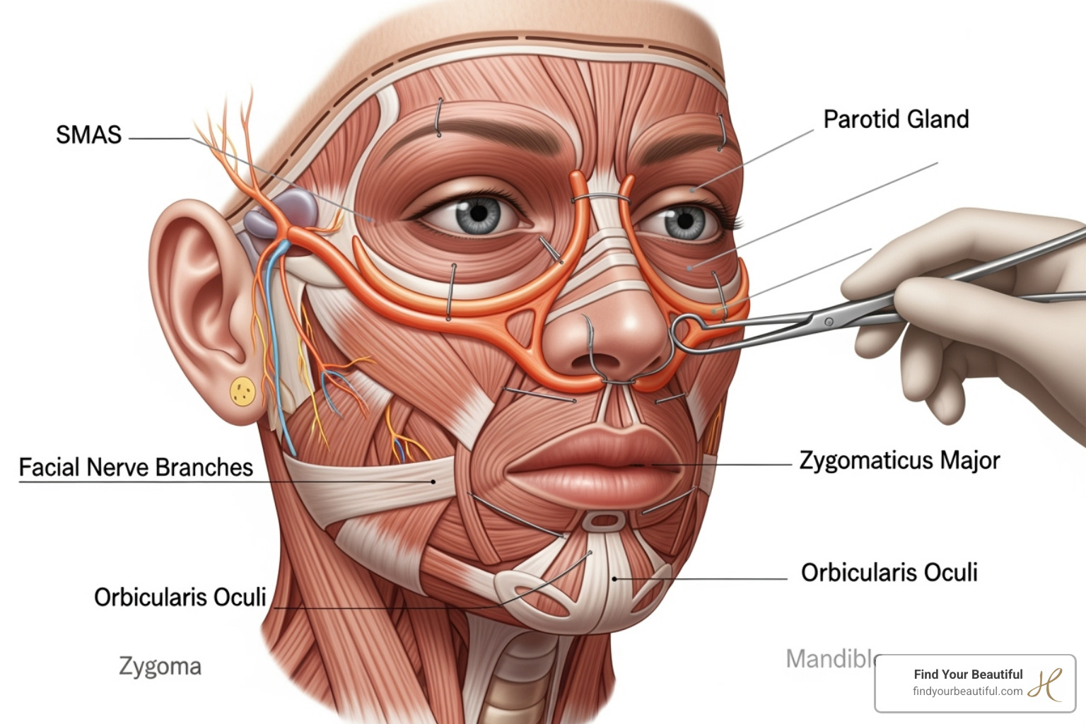 Anatomy of a facelift, showing the SMAS layer being lifted - facelift