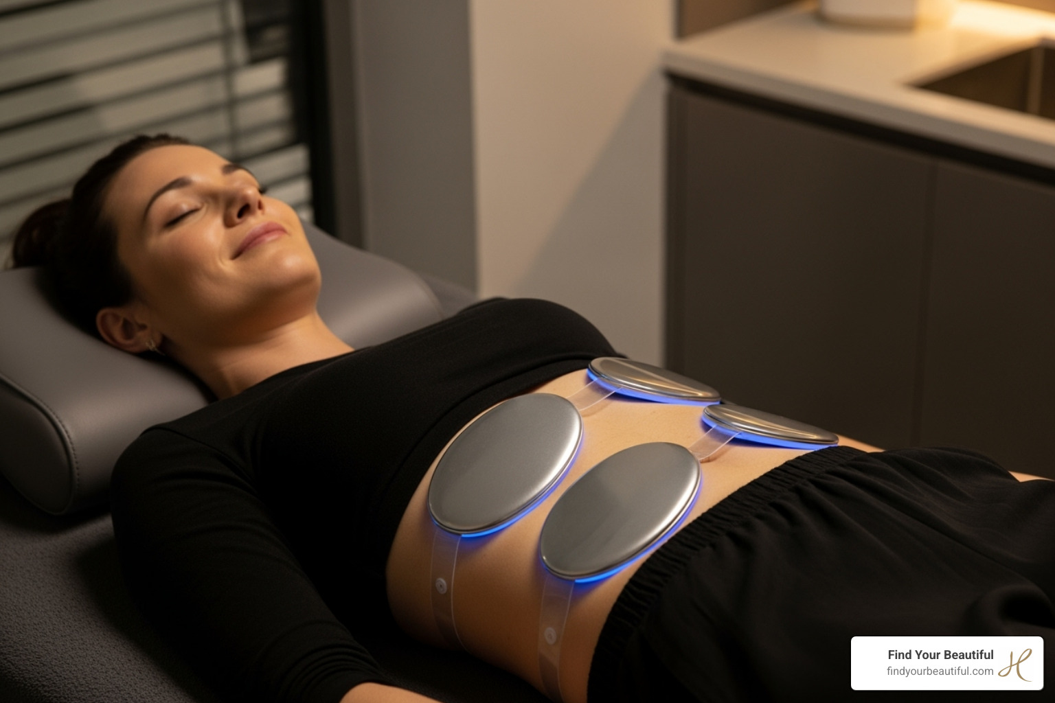 Patient comfortably undergoing an Emsculpt session - EmSculpt body contouring