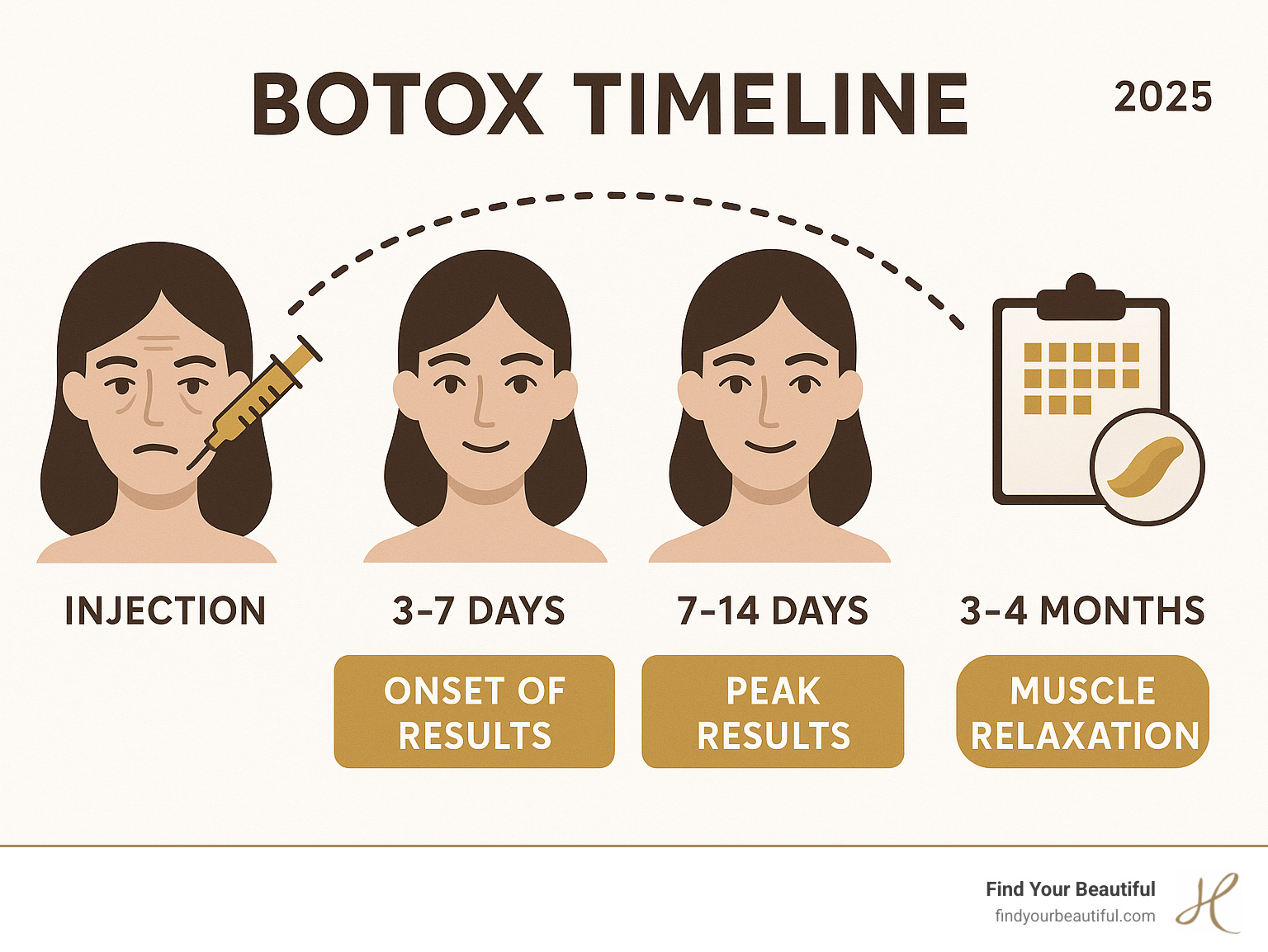 Infographic showing Botox timeline from injection to muscle relaxation, including 3-7 day onset, 7-14 day peak results, and 3-4 month duration with gradual fading - how long does botox last infographic Infographic showing Botox timeline from injection to muscle relaxation, including 3-7 day onset, 7-14 day peak results, and 3-4 month duration with gradual fading - how long does botox last infographic