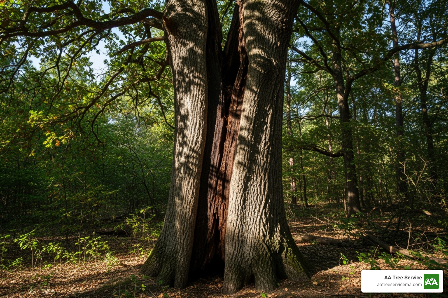 Image of a large tree with a prominent, deep crack in its main trunk. - tree removal manchester