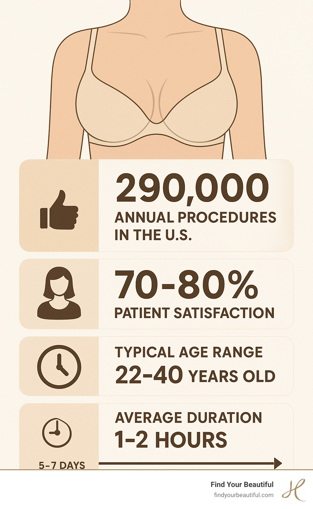 Infographic showing breast augmentation statistics including 290,000 annual procedures in the US, 70-80% patient satisfaction rates, typical age ranges of 22-40 years old, average procedure duration of 1-2 hours, and recovery timeline from 5-7 days return to work to 3 months for final settling - breast augmentation infographic 