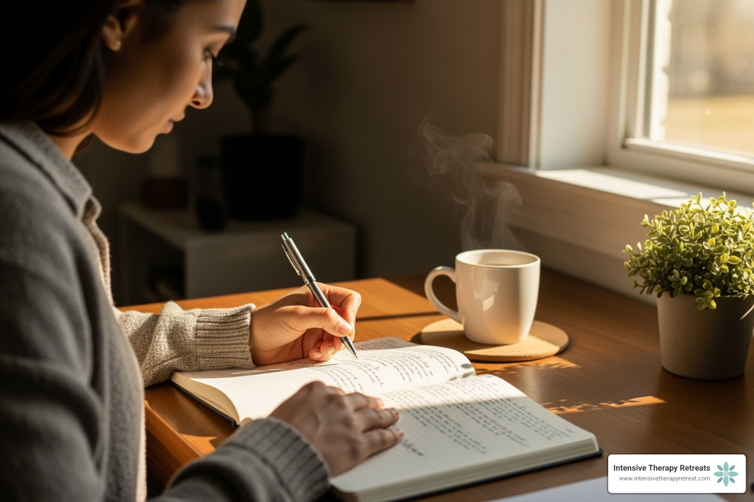 a person journaling in a calm, sunlit room - internal family systems therapy exercises