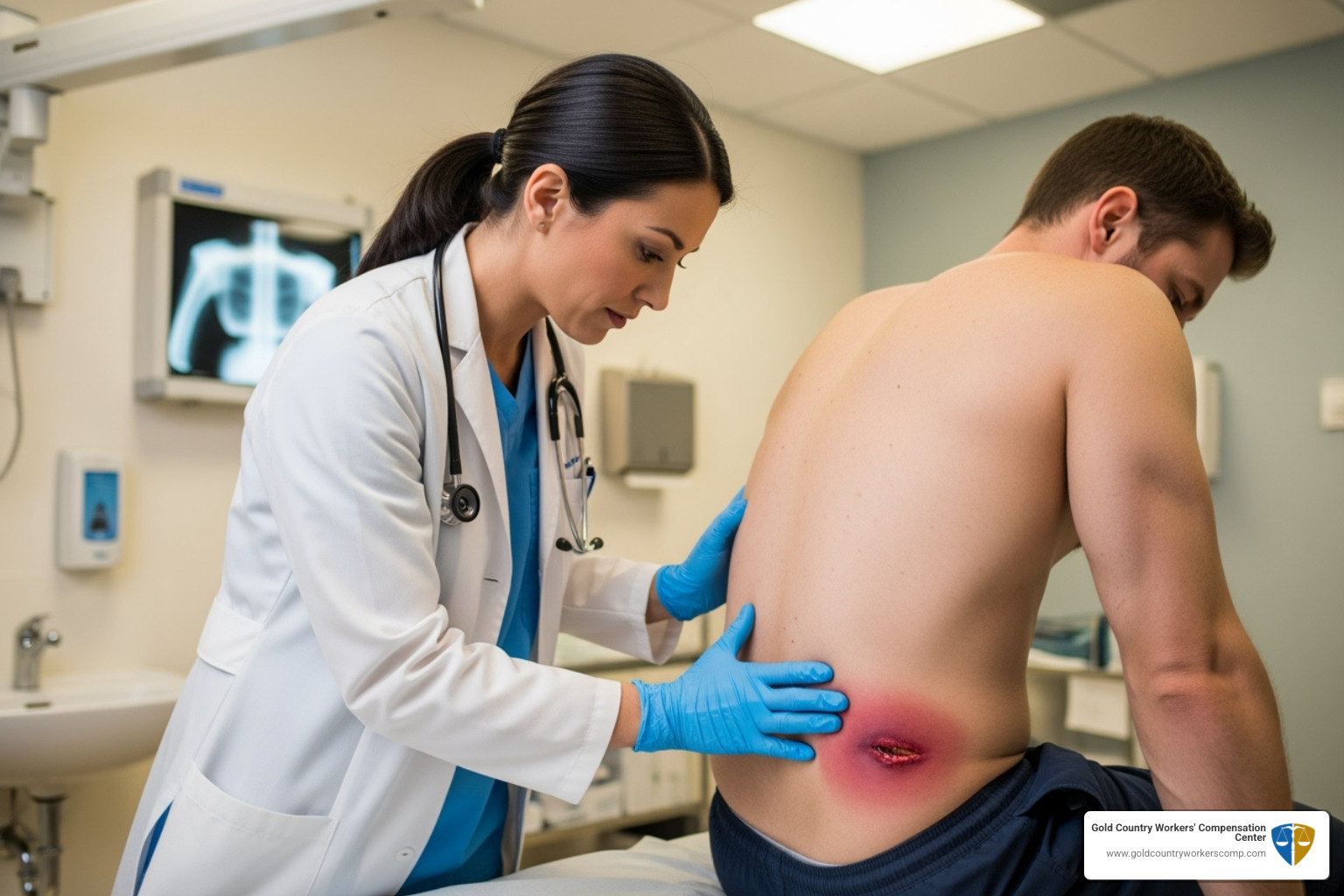 doctor examining a patient's back injury - Workers compensation law firm
