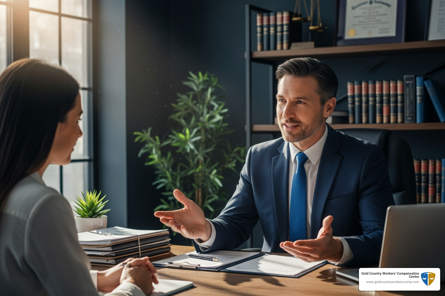 lawyer confidently speaking with a client - Workers compensation law firm