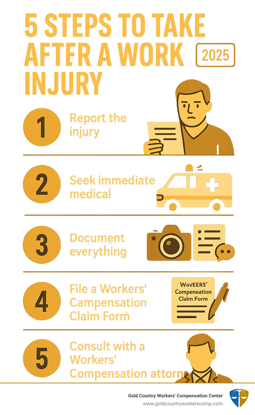 Infographic detailing 5 immediate steps to take after a work injury: 1. Report the injury to your employer (in writing, within 30 days). 2. Seek immediate medical attention. 3. Document everything (photos, witness info, symptoms). 4. File a Workers' Compensation Claim Form (e.g., DWC-1). 5. Consult with a Workers' Compensation attorney. - Workers compensation law firm infographic 