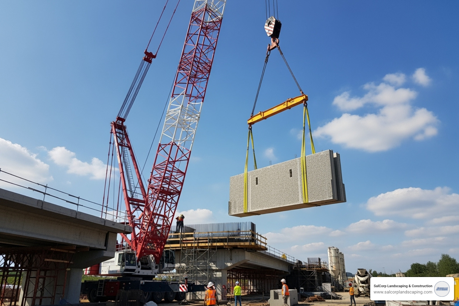 large crane placing a massive precast block - concrete retaining wall blocks