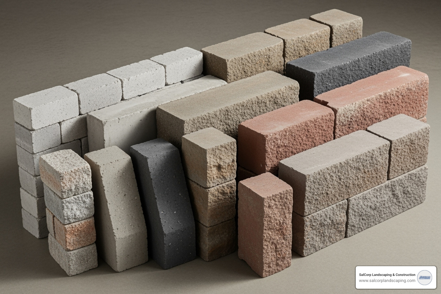 various concrete retaining wall blocks lined up, showing different sizes and textures - concrete retaining wall blocks