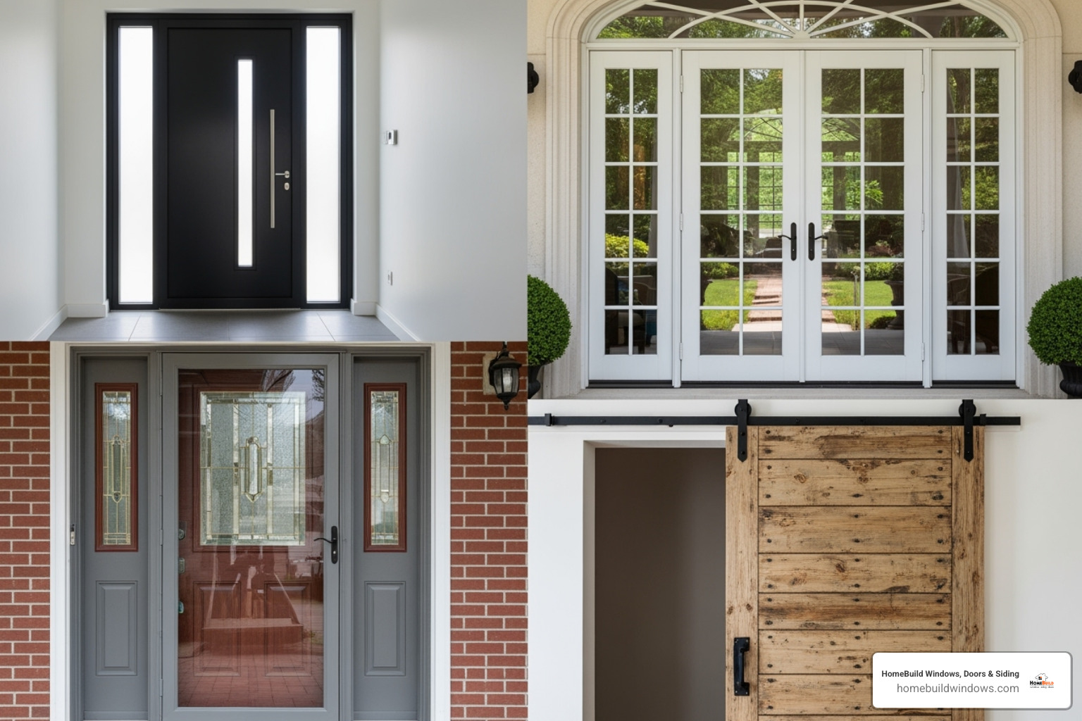 A collage showing various door types including a sleek modern entry door, neat French patio doors, a classic storm door, and a rustic barn door - door installations near me